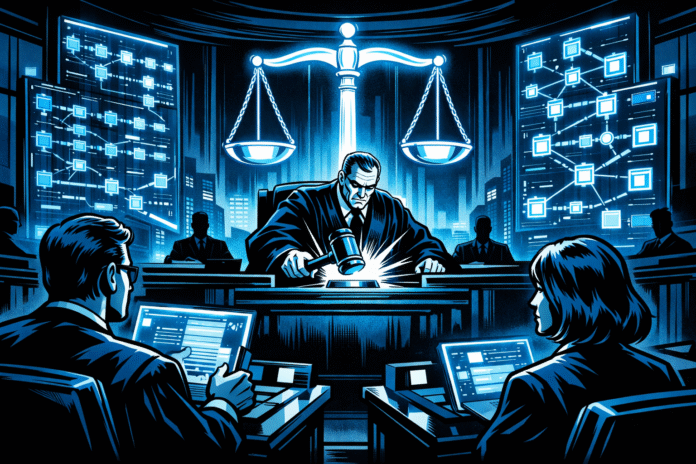 Futuristic courtroom illustration with a judge striking a glowing gavel as holographic blockchain panels and scales of justice appear behind him.