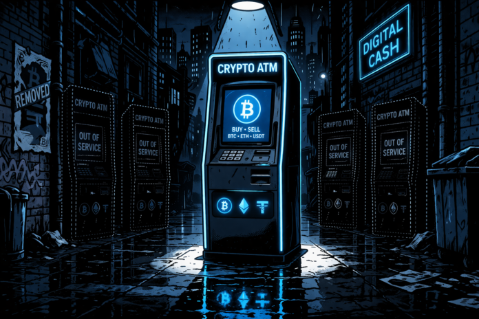 A lone glowing crypto ATM stands among dark, inactive machines in an alley.