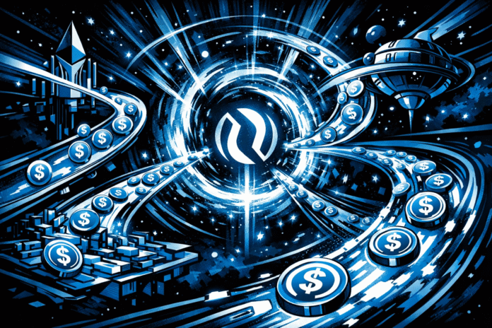 USDC coins flow through glowing pathways into a central portal linking multiple chains.