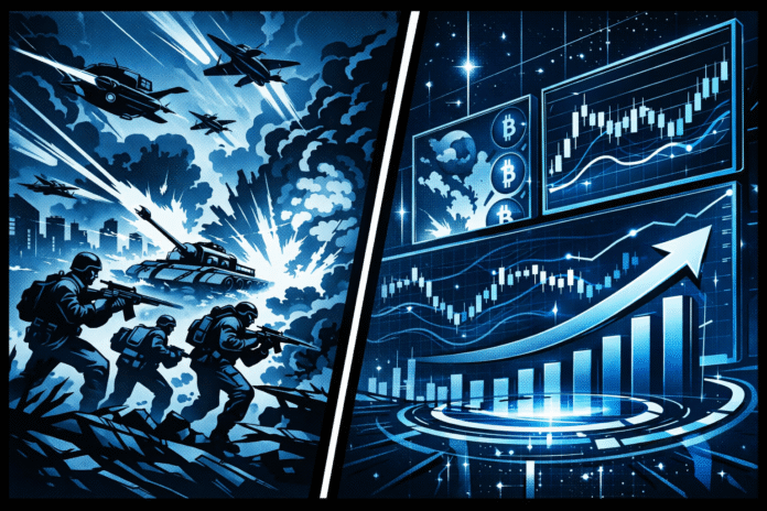 A split-panel retro-futuristic comic illustration shows blue-toned battlefield chaos with soldiers, tanks, and jets on the left, contrasted by glowing cryptocurrency charts and a rising arrow on the right.