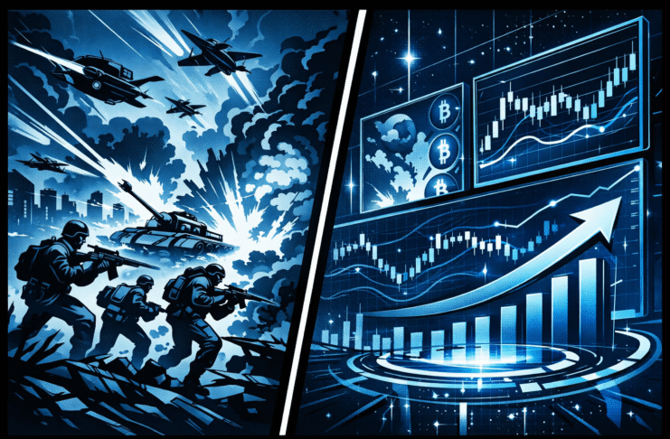 A split-panel retro-futuristic comic illustration shows blue-toned battlefield chaos with soldiers, tanks, and jets on the left, contrasted by glowing cryptocurrency charts and a rising arrow on the right.