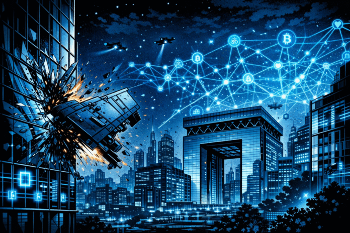 Drone debris crashes into a skyscraper near Dubai’s DIFC as holographic blockchain network graphics illuminate the skyline.