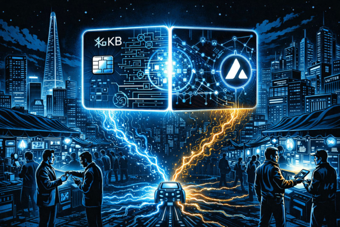 A futuristic city shows a split holographic card merging blockchain and traditional payment flows into one terminal.