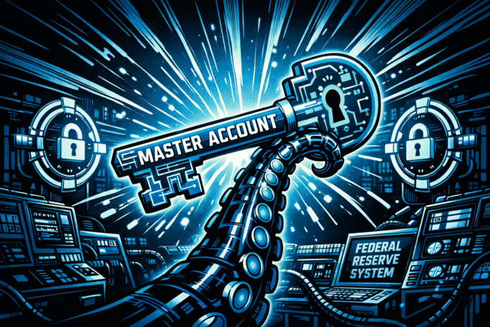 A cyber-Kraken tentacle holding a glowing “Master Account” key as digital locks and a Federal Reserve terminal light up.