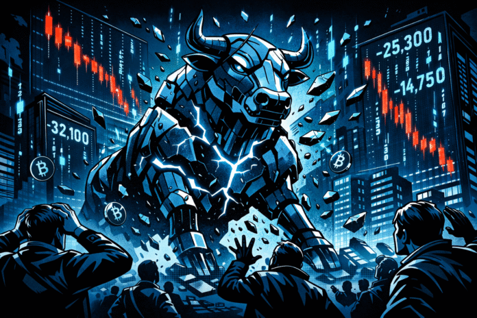 A futuristic mechanical bull cracks apart in a neon-blue city as traders watch and red crypto price charts plunge on towering digital screens.