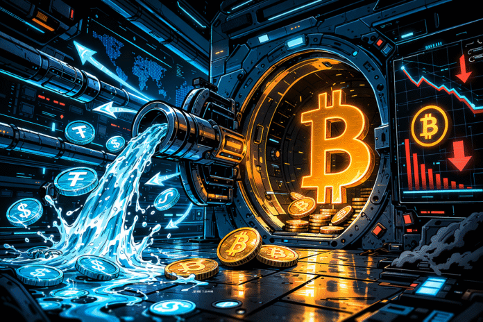 Bitcoin faces tightening liquidity as stablecoin outflows increase and exchange BTC supply continues to decline.