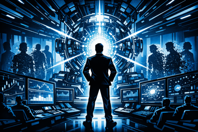 A silhouetted executive faces a glowing AI core in a futuristic control room, as worker silhouettes fade into digital particles.