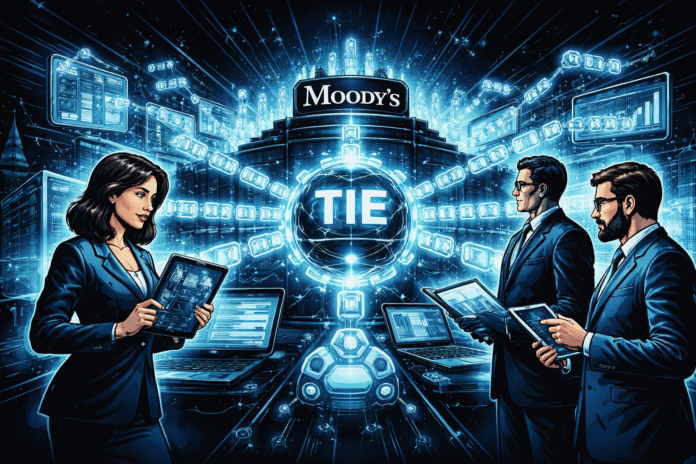 Retro-futuristic comic-style scene showing professionals using digital devices around a glowing blockchain hub labeled TIE.