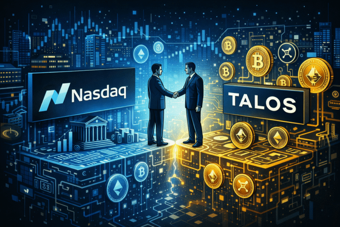 Two suited figures shake hands between platforms labeled Nasdaq and Talos, with crypto coins and stock charts connected by a glowing digital bridge.