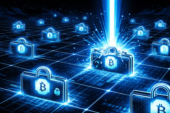 Not All Bitcoin Wallets at Risk From Quantum Attacks, Report Says A quantum beam strikes one Bitcoin wallet while others remain securely locked on a digital grid.