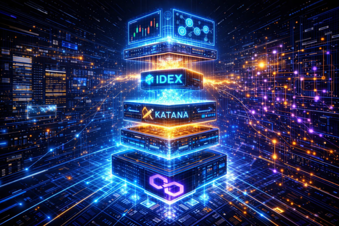 A glowing layered tech stack shows IDEX merging into Katana above a Polygon-powered base.