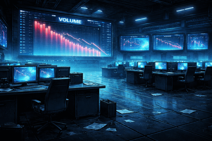 An empty crypto trading floor with dim blue screens showing falling volume charts.