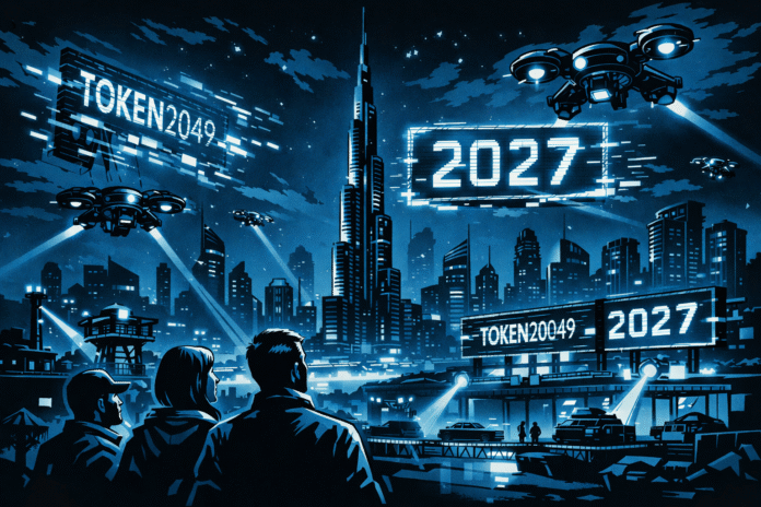 Retro-futuristic Dubai skyline with drones and a TOKEN2049 display changing to 2027.
