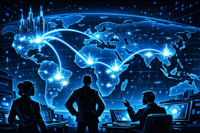 A retro-futuristic blue-toned control room displays a glowing world map with bright energy flows linking major financial hubs to emerging markets across Africa, Asia, and Latin America.