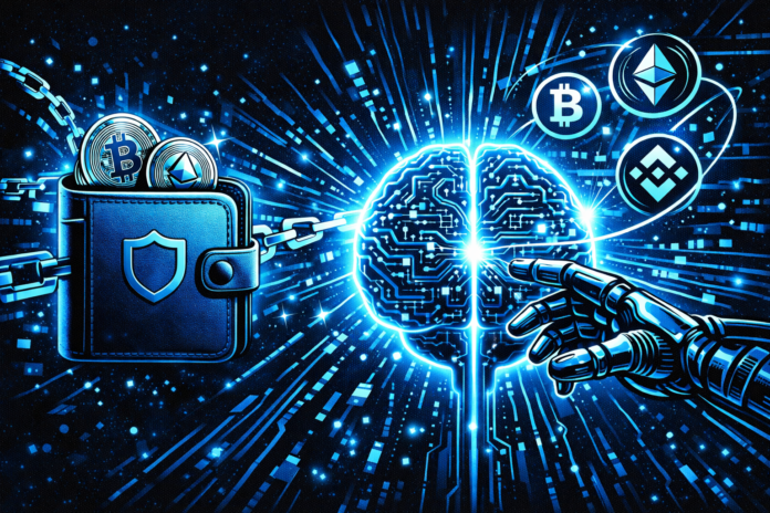 Glowing crypto wallet transforming into a blue-lit AI brain, surrounded by orbiting tokens and flowing blockchain data streams.