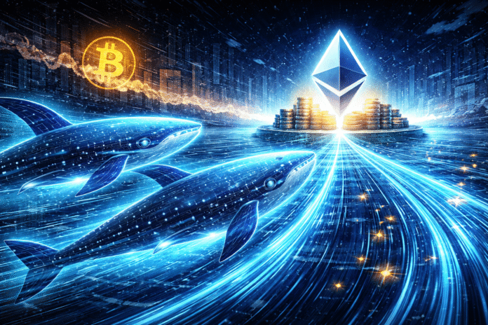 Whale Activity Signals Stronger Demand for Ethereum Over Bitcoin Two glowing digital whales swim toward a bright Ethereum symbol while Bitcoin fades in the background.