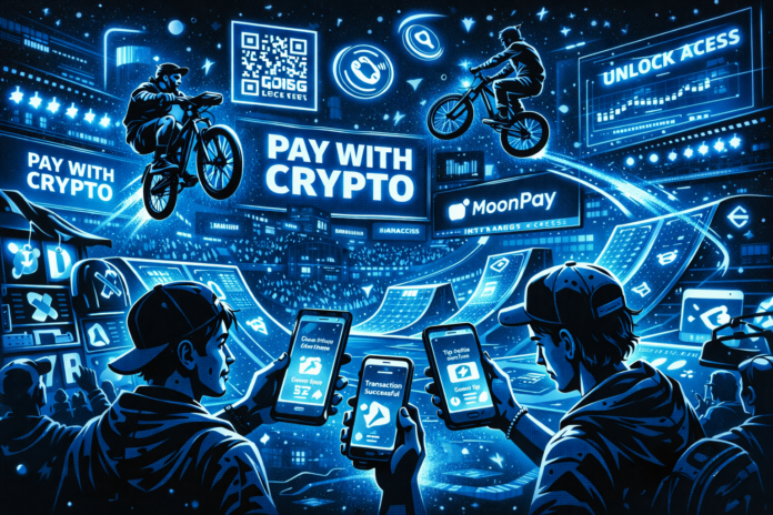 young fans using smartphones for crypto payments while BMX riders perform tricks in a futuristic X Games arena filled with glowing “Pay with Crypto” displays.
