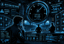 BTC Mining Difficulty Faces Sharp Adjustment as Network Signals 14% Decline A futuristic mining room shows block times rising past 11 minutes as hashrate declines.