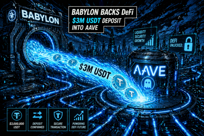 A glowing stream of USDT flows from a Babylon vault into an Aave hub across a neon-blue futuristic city.