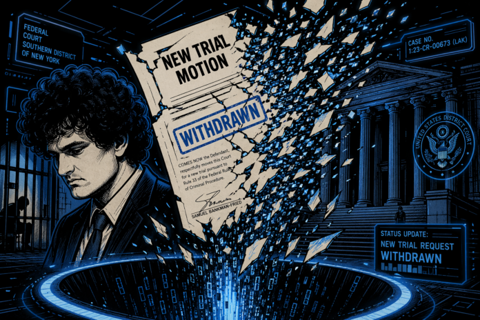 A “New Trial Motion” document shatters and dissolves into digital fragments, stamped “Withdrawn,” with a shadowed figure and courthouse behind.