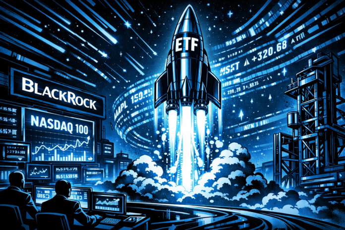 An “ETF” rocket launches amid blue neon data streams and screens showing BlackRock and the Nasdaq-100 Index.