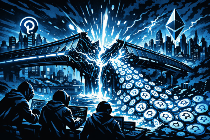 A fractured digital bridge bursts as hackers unleash a flood of glowing $DOT tokens.