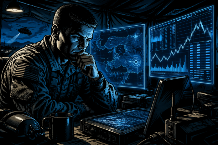 A soldier studies glowing blue holographic maps and charts in a dark command tent.