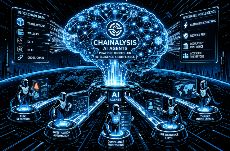 A glowing AI brain analyzes blockchain data with robotic agents.