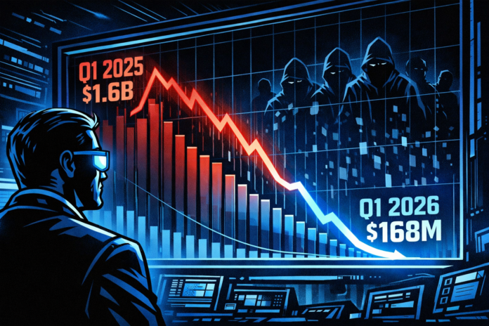An analyst watches a chart drop from $1.6B in 2025 to $168M in 2026 as hackers fade.