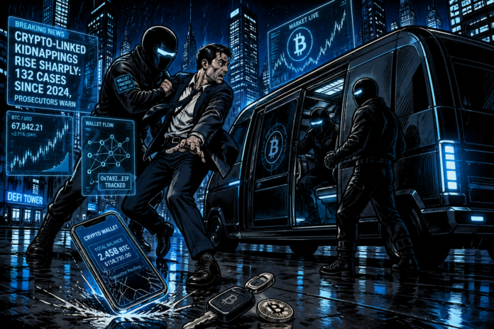 Masked attackers abduct a man in a neon-lit city as crypto charts glow nearby.