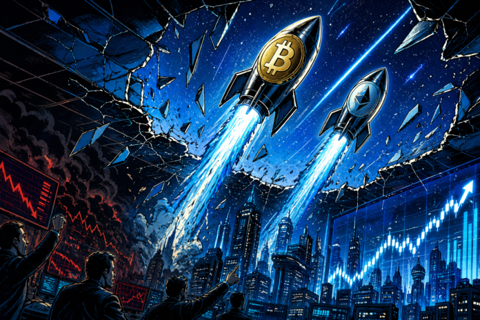 Bitcoin and Ethereum rockets break through a shattered ceiling above a futuristic city.
