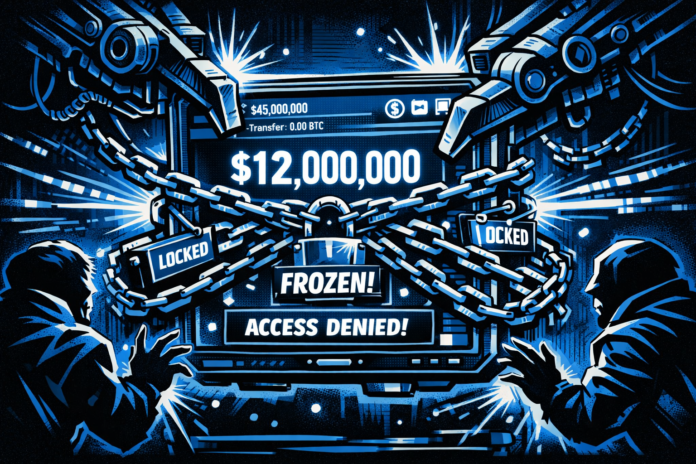 A chained crypto wallet is frozen as hackers reach in shock.