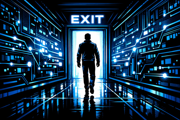 Silhouetted figure walking down a neon-blue futuristic corridor toward a glowing EXIT doorway.