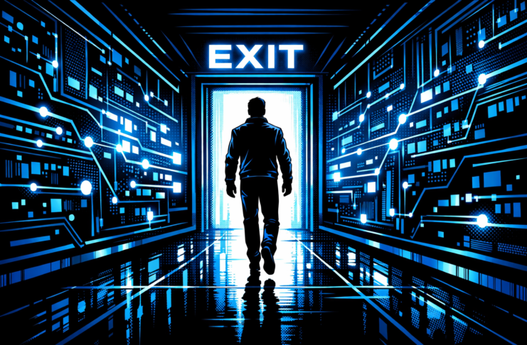 Silhouetted figure walking down a neon-blue futuristic corridor toward a glowing EXIT doorway.