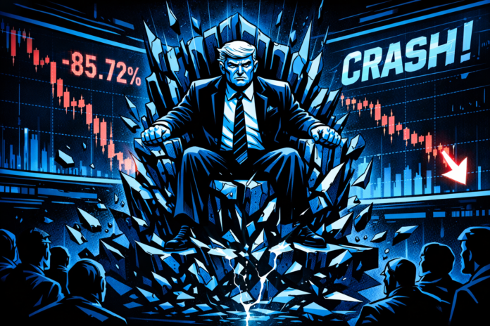 A figure sits on a crumbling chart-throne as markets crash around him.