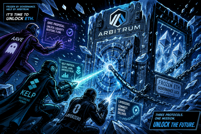 Three futuristic operatives—Aave, Kelp, and LayerZero—blast an ice-locked Arbitrum vault, with frozen ETH visible inside.