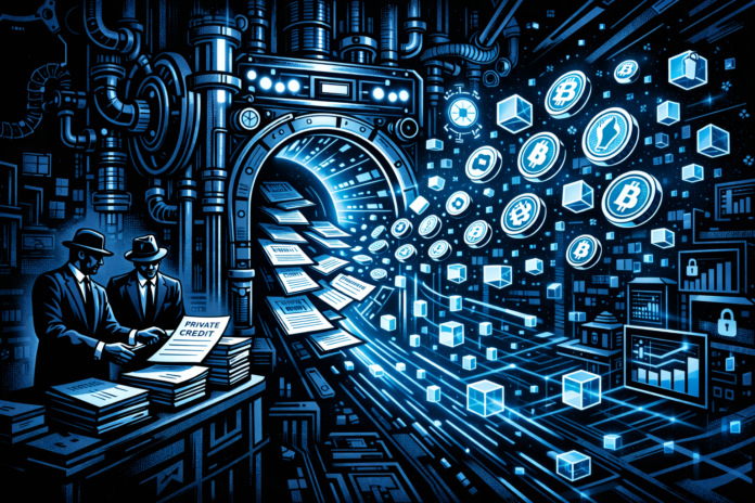 A machine converts “private credit” papers into glowing digital tokens.