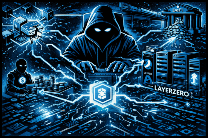 Hooded hacker controlling a glowing blockchain network with connected servers and DeFi systems.