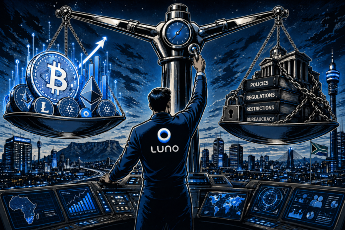 A man adjusts a giant scale balancing cryptocurrencies and regulatory blocks over a futuristic city.