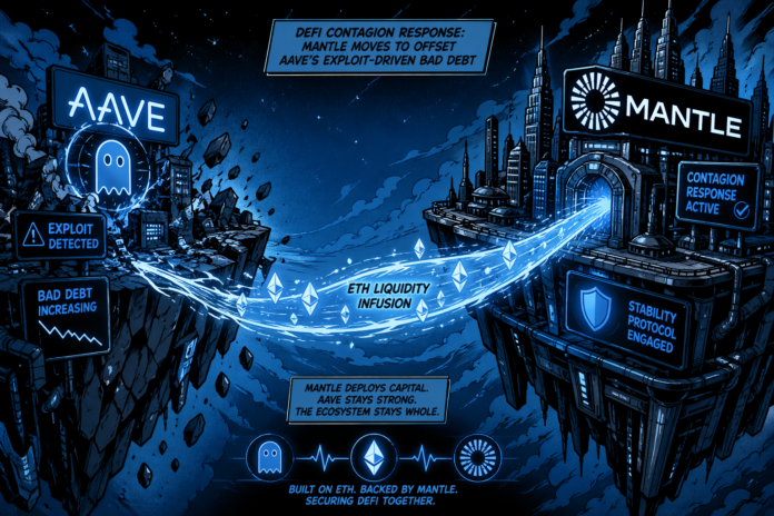 A damaged Aave platform and a stable Mantle platform are linked by a glowing ETH liquidity stream bridging the gap.