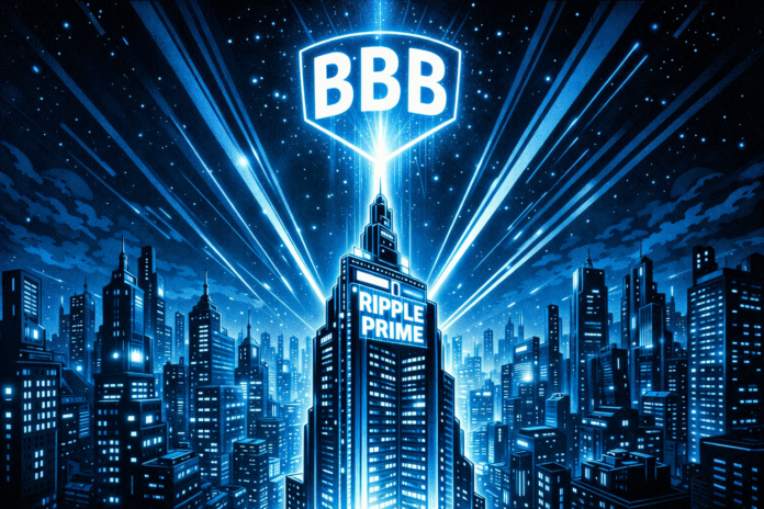 Ripple Prime tower projects a beam forming a glowing BBB rating above a futuristic city.