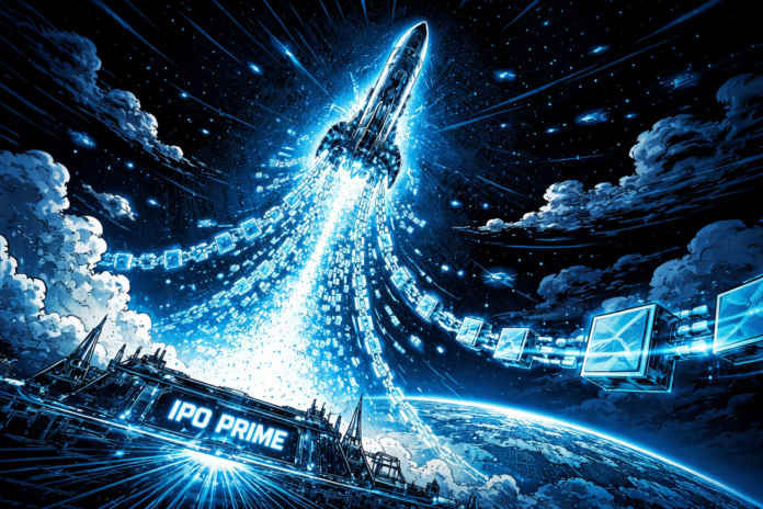 A rocket transforms into glowing blockchain data mid-launch.