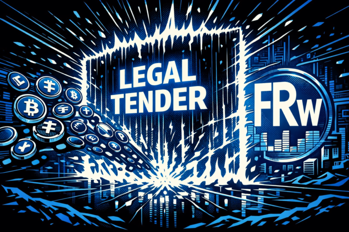 A “LEGAL TENDER” barrier blocks crypto coins from a Rwandan franc symbol.