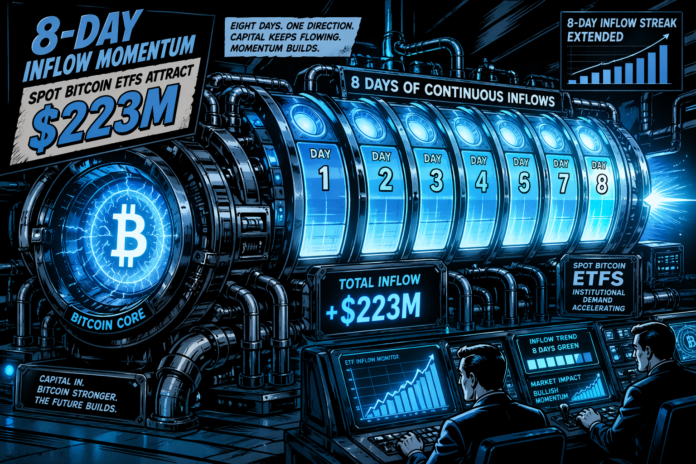 Retro-futuristic turbine with 8 glowing segments and a pulsing Bitcoin core, symbolizing sustained inflows.