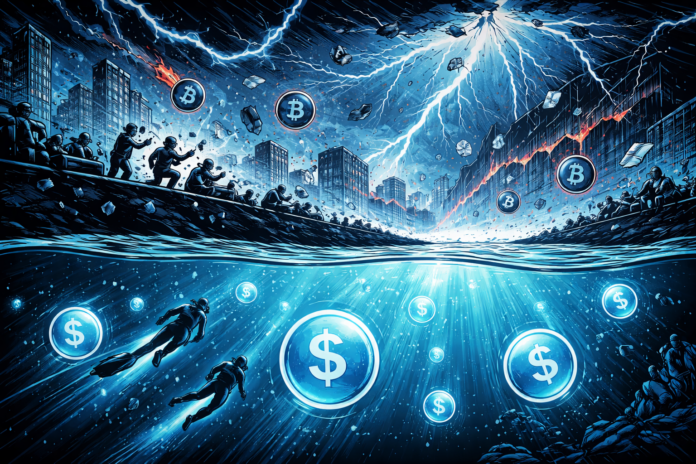 A stormy crypto market above contrasts with a calm, glowing stablecoin ocean below.