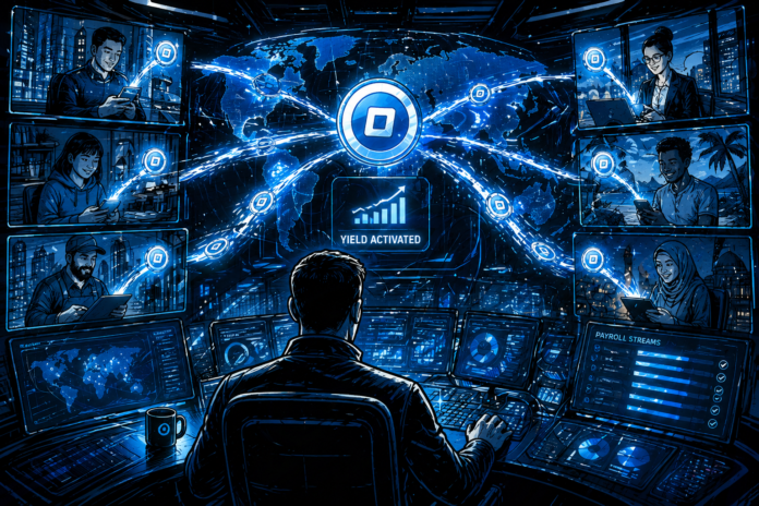 Futuristic control room tracking global stablecoin payroll flows.