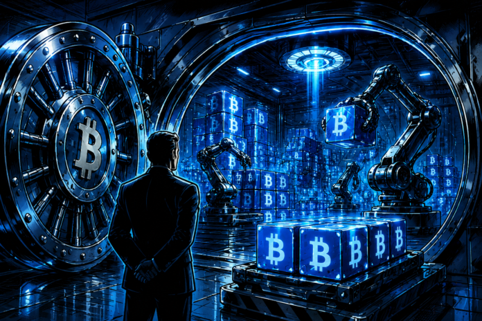 Futuristic vault with robots stacking glowing Bitcoin cubes.