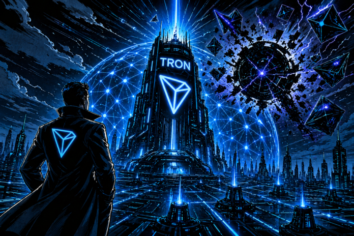 A neon-blue TRON tower under a glowing shield faces a looming quantum storm, with a lone figure watching.