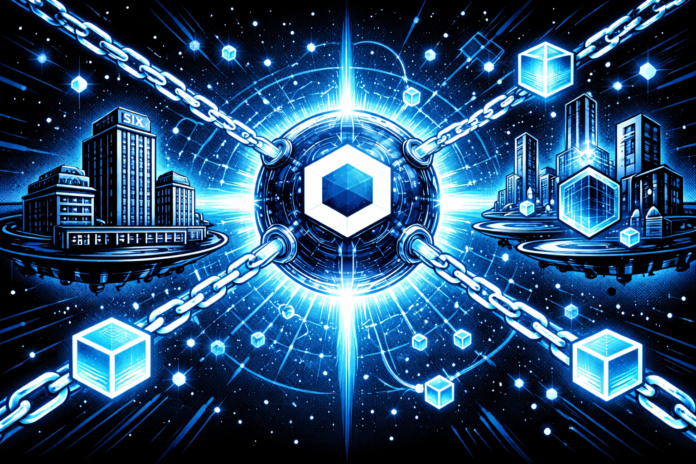 A glowing oracle hub links a stock exchange to DeFi platforms with blue energy chains.