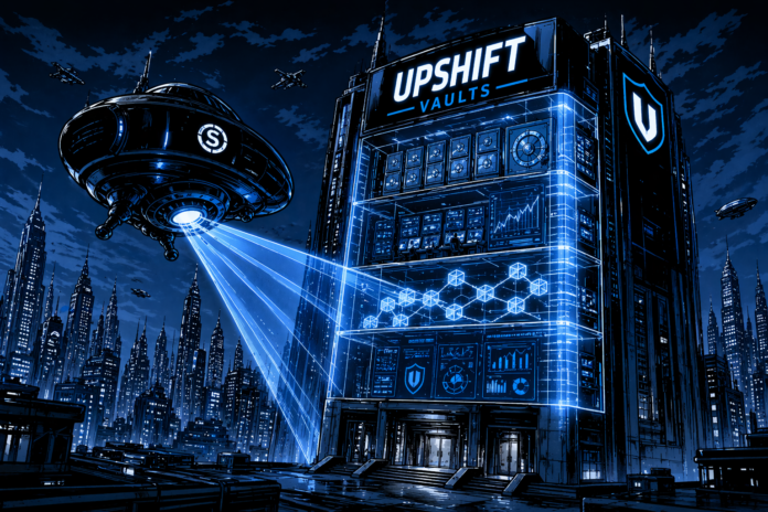 Drone scans Upshift Vaults tower, revealing internal crypto systems.